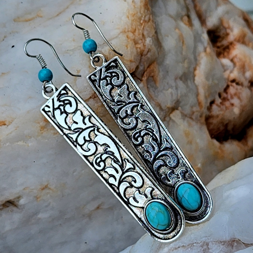 ❤️ Silver Bar Earrings Turquoise Stone Tribal Ethic Design